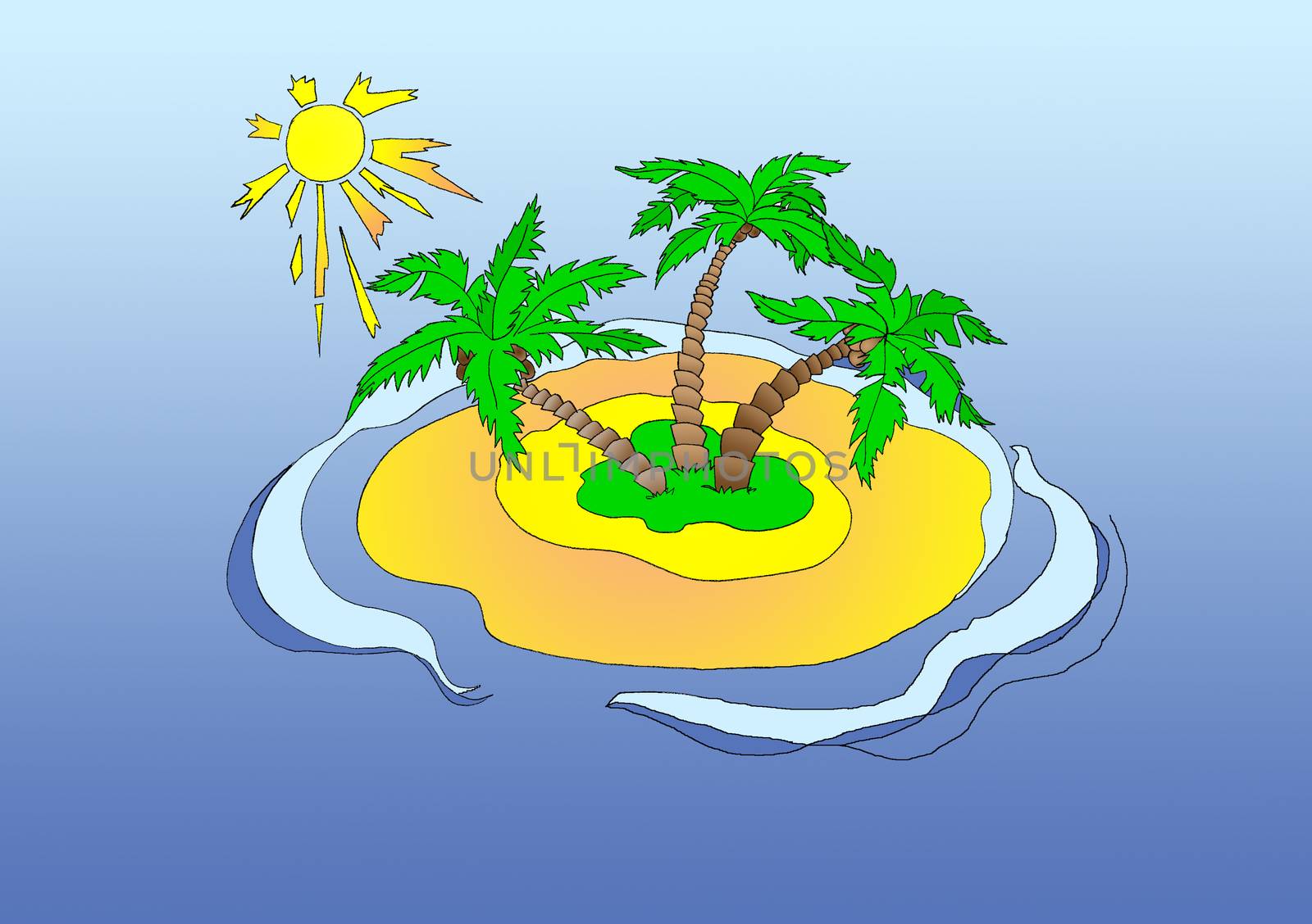 Sunny Funny Cartoon Island in a Sea. Digital Painting Background, Illustration in cartoon style character.