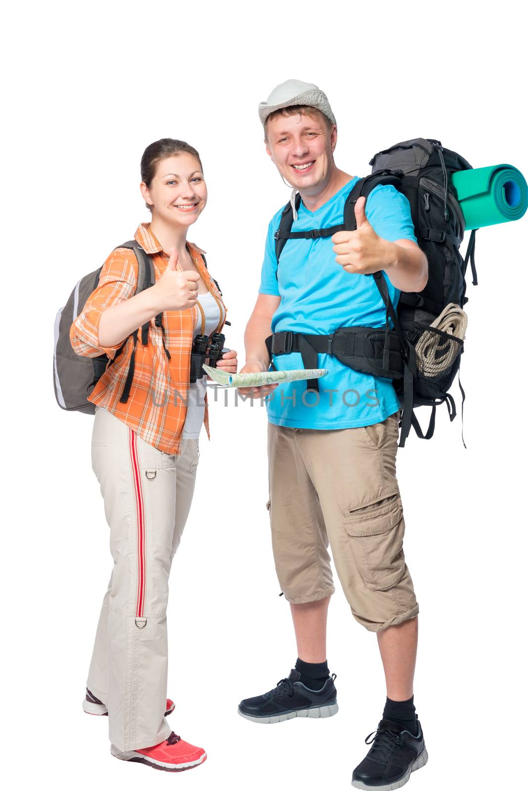 Successful travelers with backpacks on a white background in studio