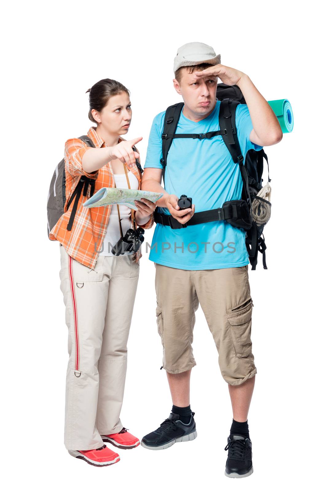 tourist couple got lost looking the road it on the map on a white background