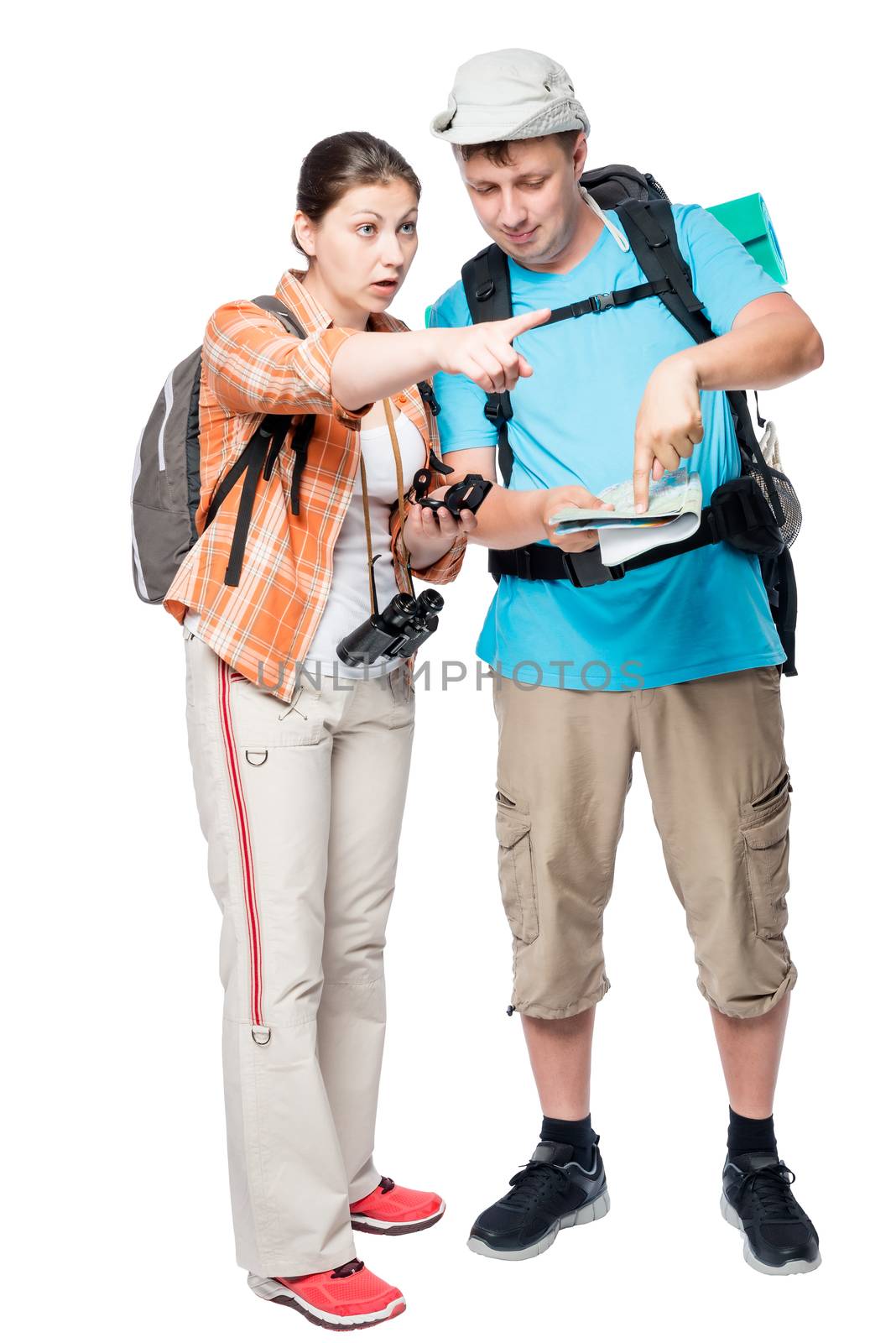 Young couple arguing about the travel route march on a white background