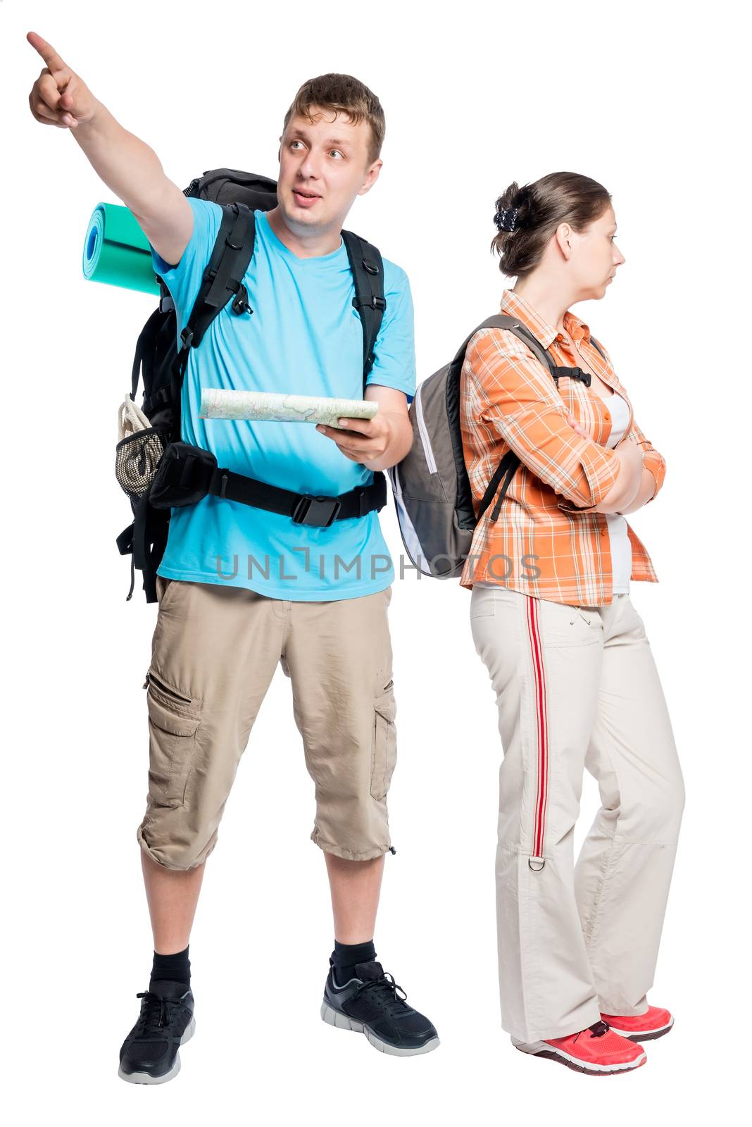 distressed girl does not want to go in the direction in which shows a man on a white background