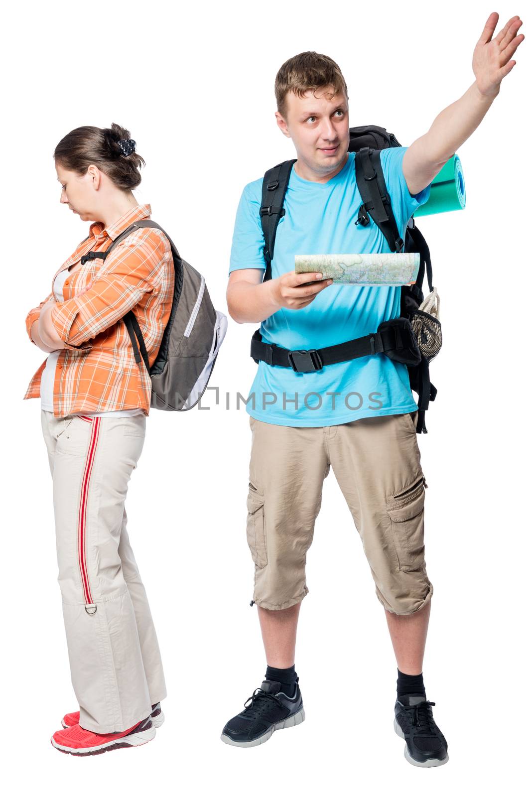 Active man and upset woman over white background travelers by kosmsos111