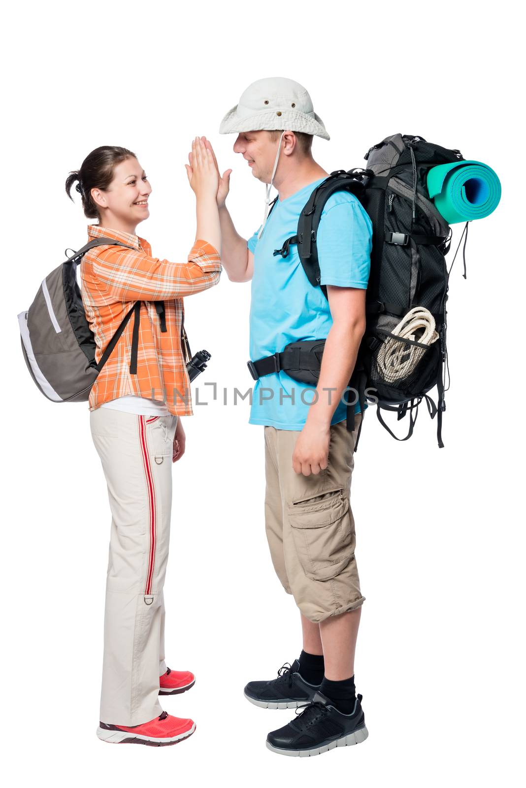 couple travelers with backpacks on a white background by kosmsos111