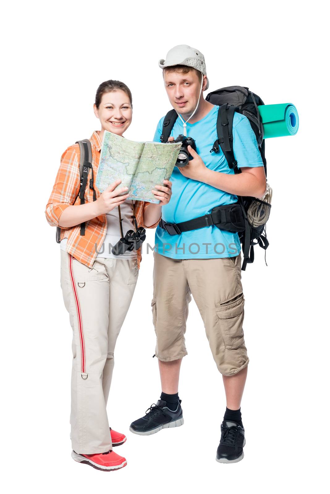 successful couple of travelers with backpacks on a white background