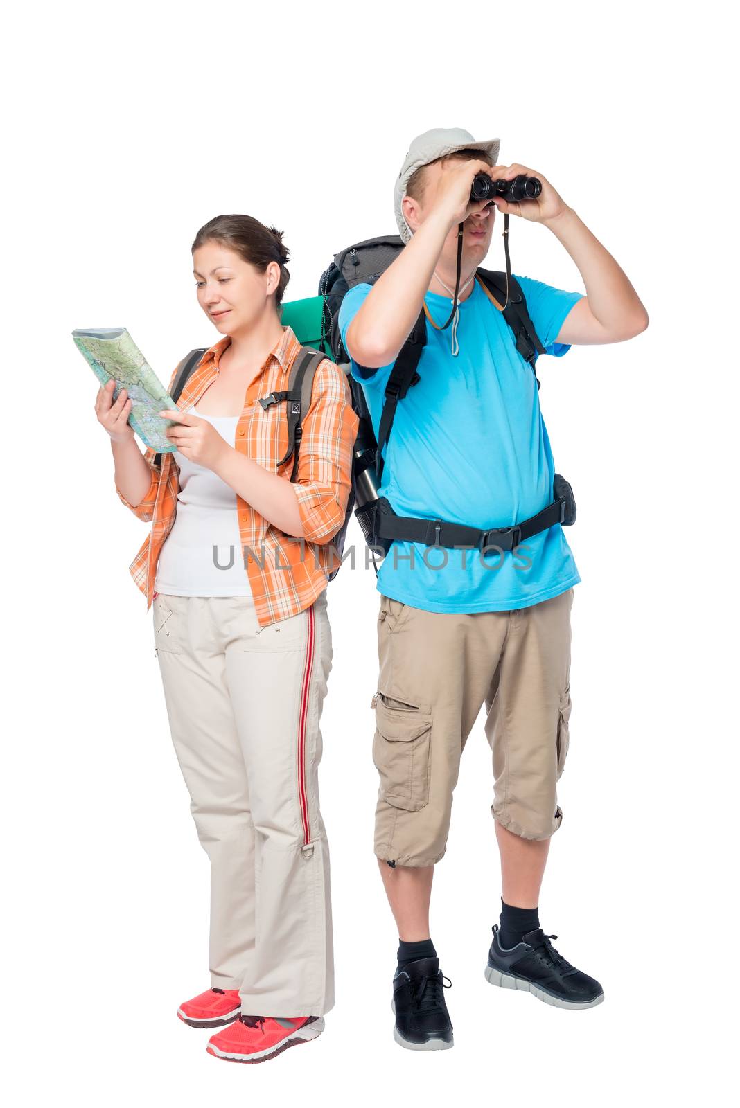 travelers with a map and binoculars on a white background with backpacks