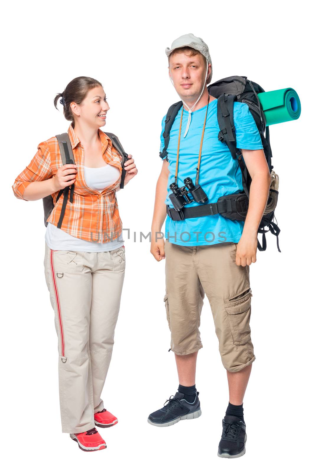 Girl and her friend with backpacks in the campaign on a white background