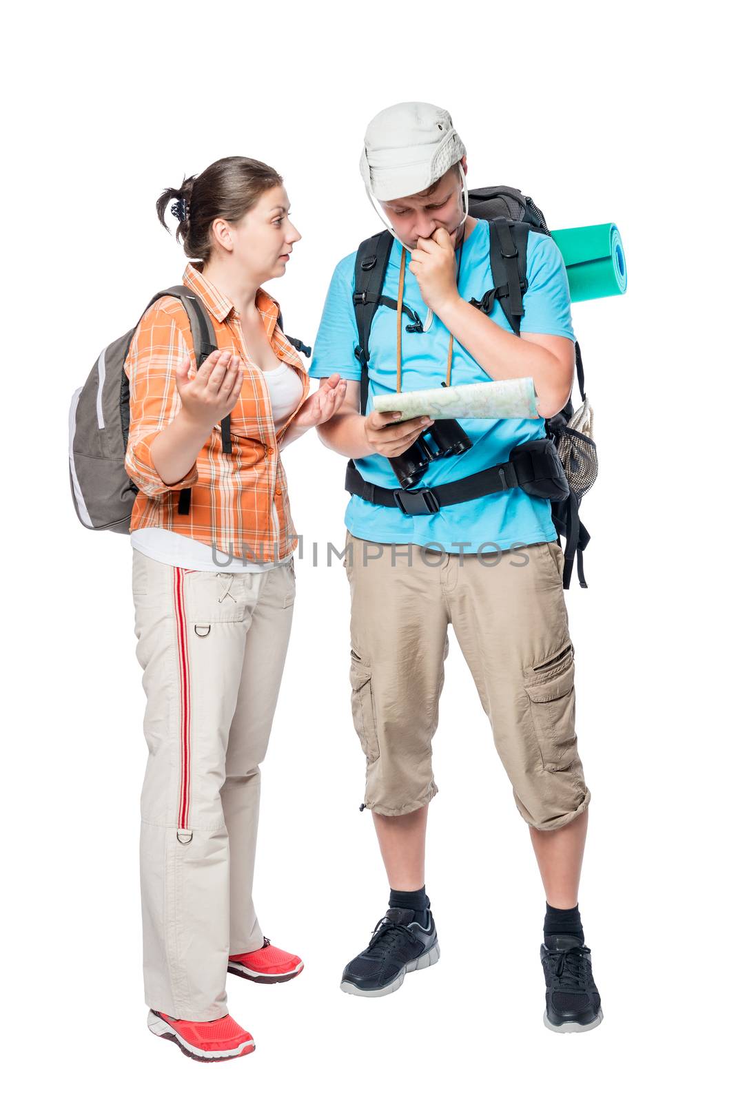 a couple of tourists on a white background arguing, isolated portrait