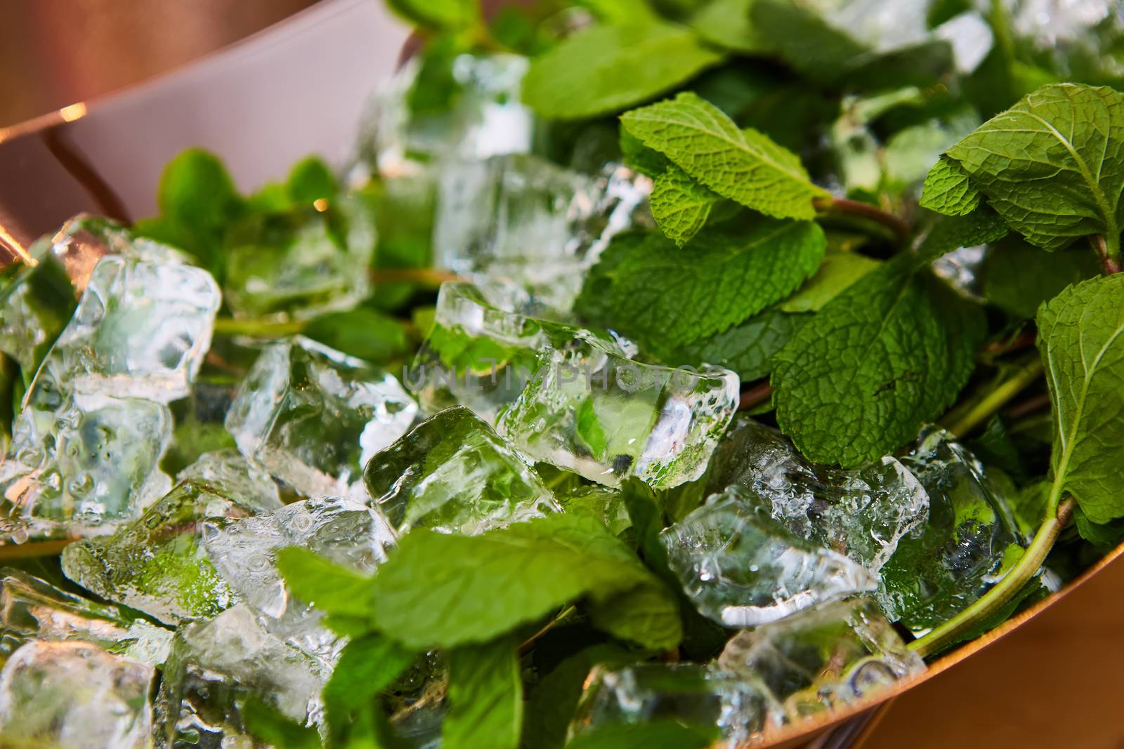 ice cubes and fresh mint. Shallow dof