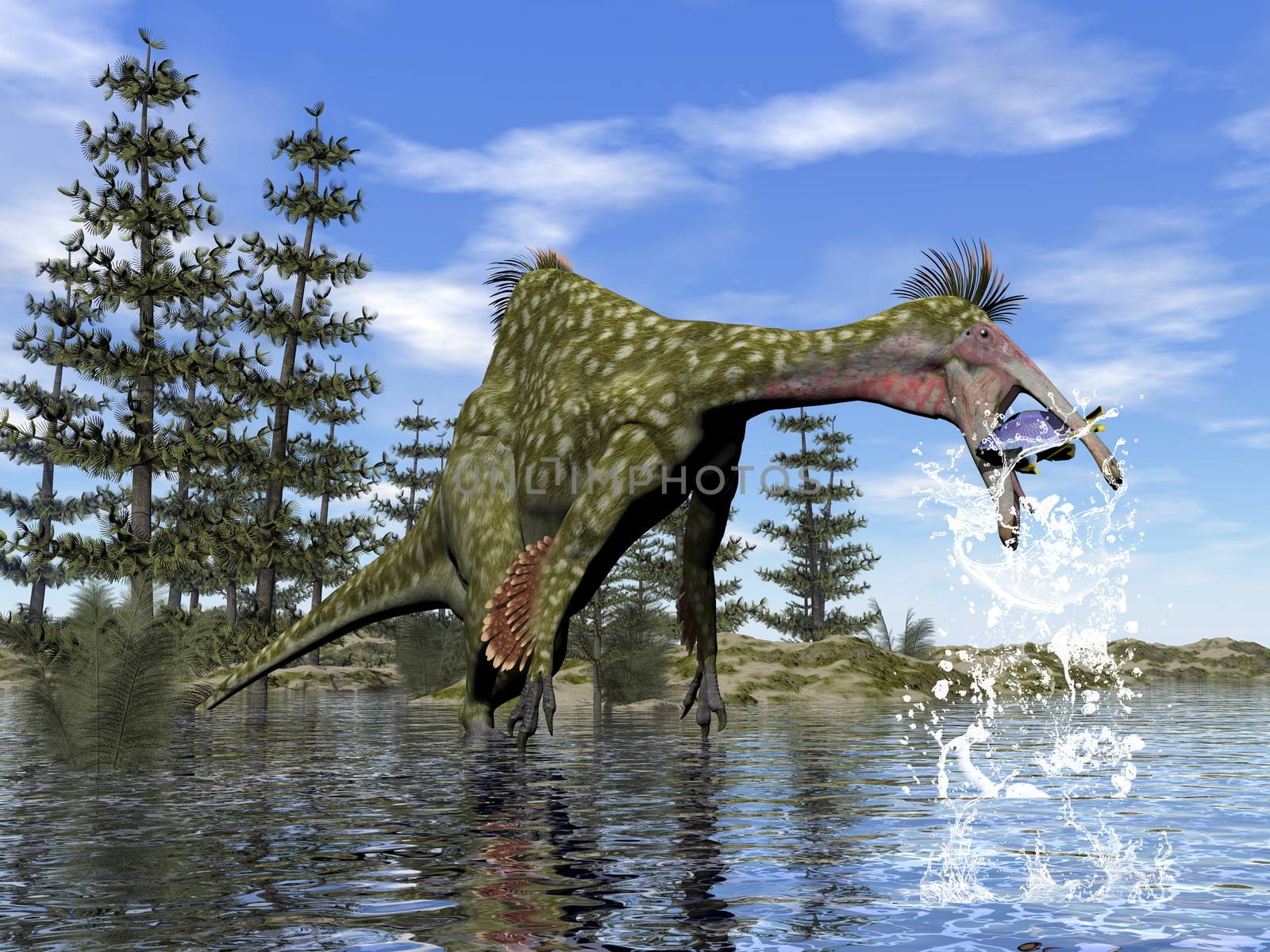 Deinocheirus dinosaur fishing by day - 3D render