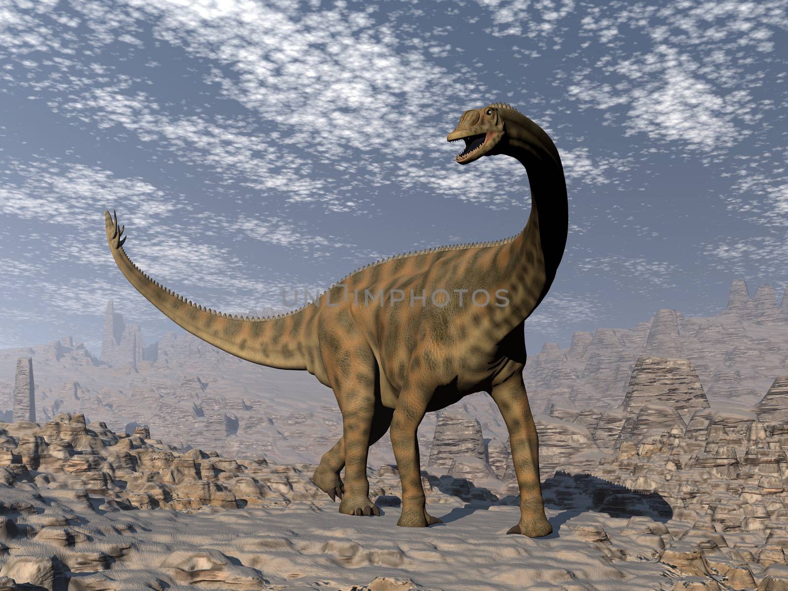 Spinophorosaurus dinosaur walking in the desert by day- 3D render