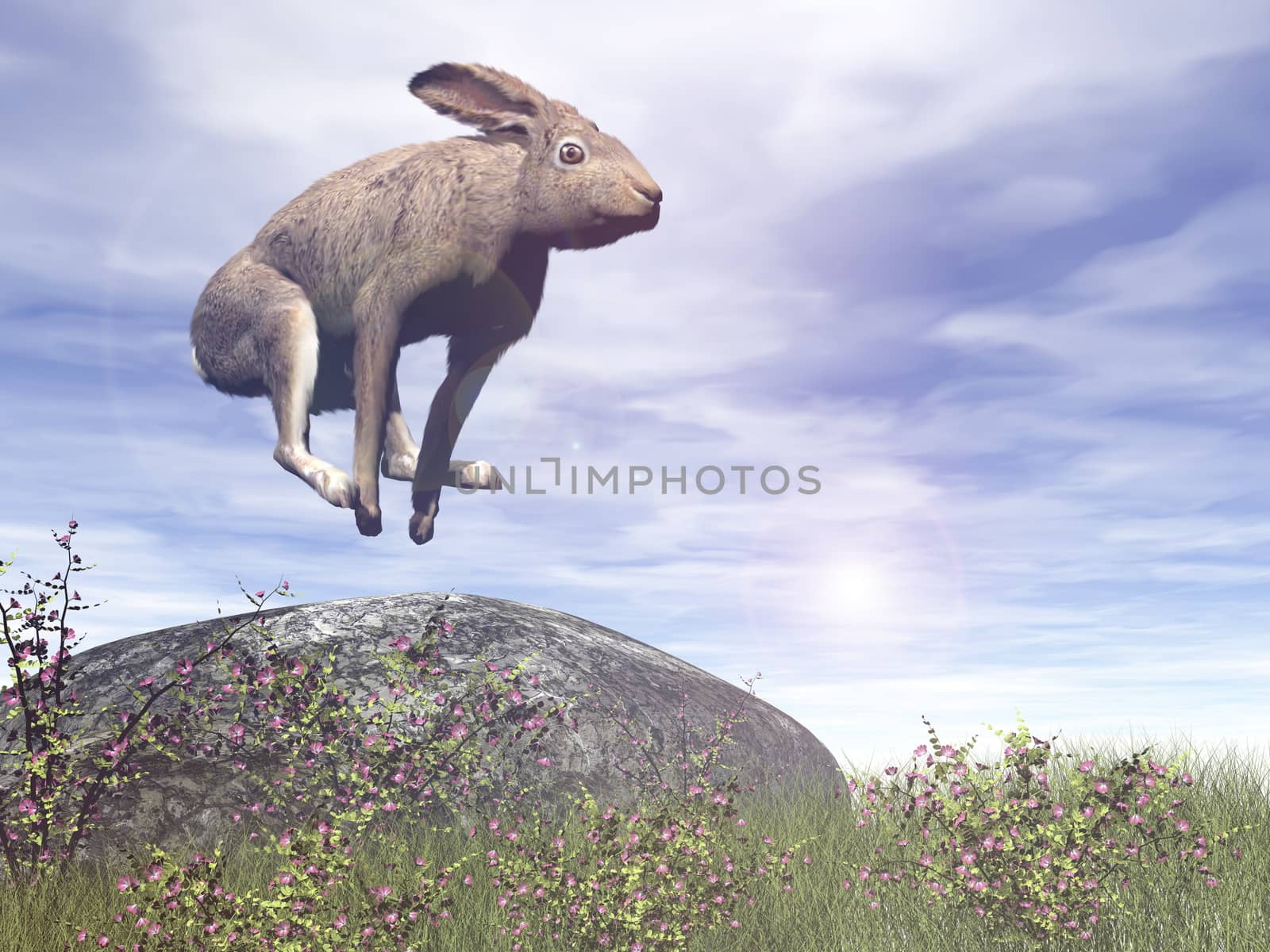 Hare jumping over a rock by sunny day - 3D render