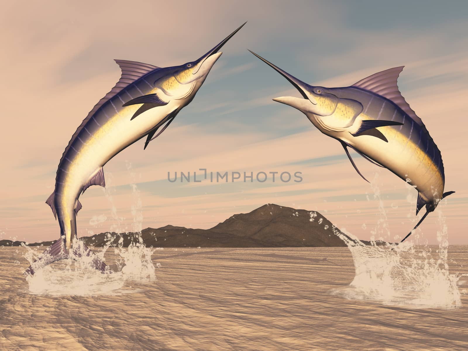 Marlin fishes danse by sunset - 3D render