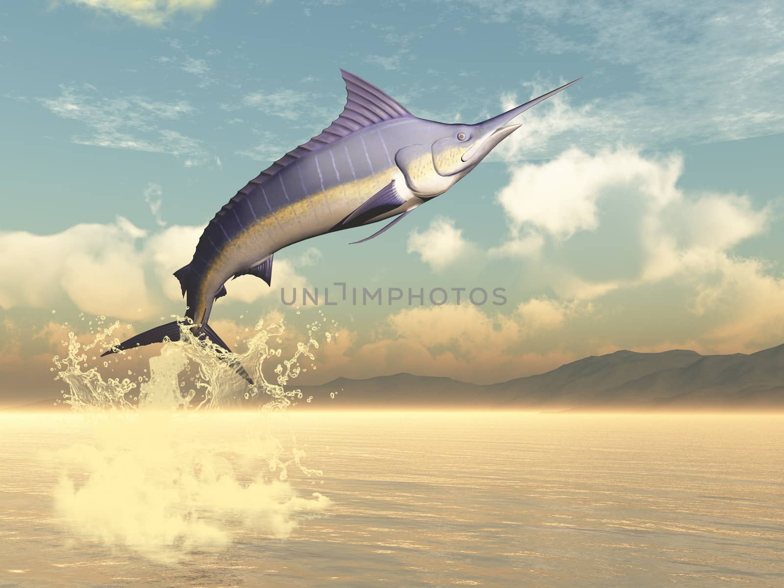 Marlin fish jumping by sunset - 3D render