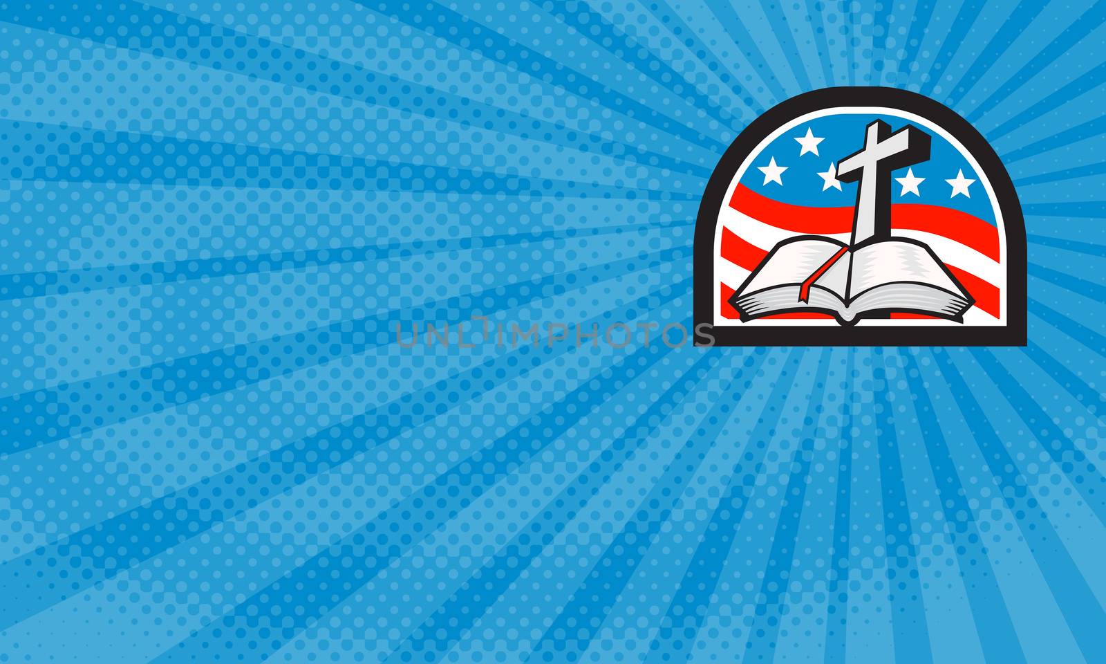 Business card showing Illustration of a bible and cross with American stars and stripes flag in background done in retro style.


