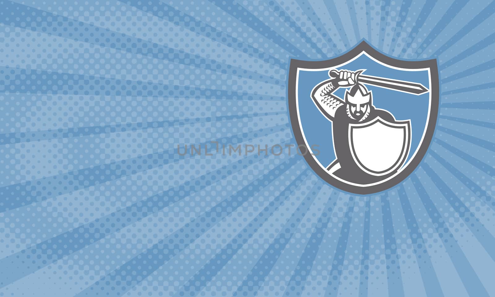 Business card showing Illustration of crusader knight in full armor brandishing a sword set inside shield crest facing front done in retro style.


