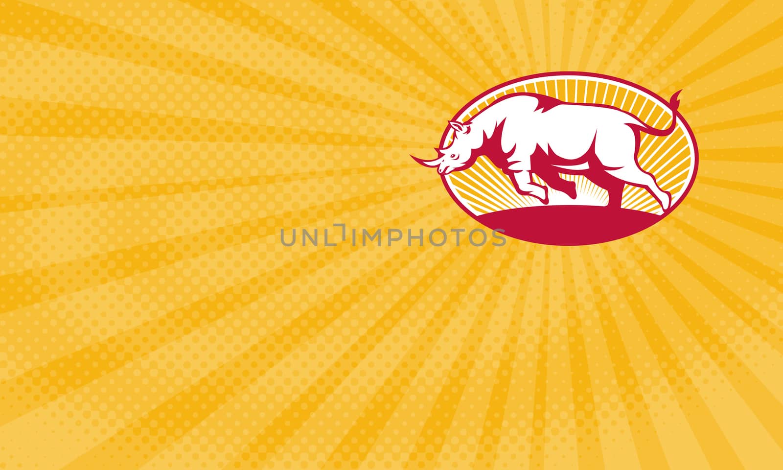 Business card showing Illustration of a rhinoceros charging side view set inside oval done in retro style.


