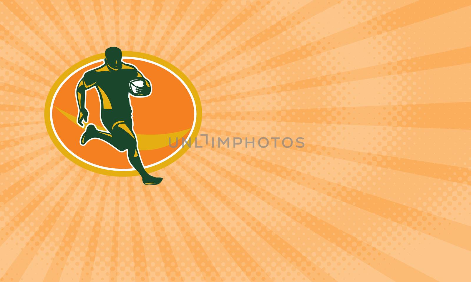 Business card showing Illustration of a rugby player running with the ball in silhouette viewed from front set inside oval shape done in retro style.



