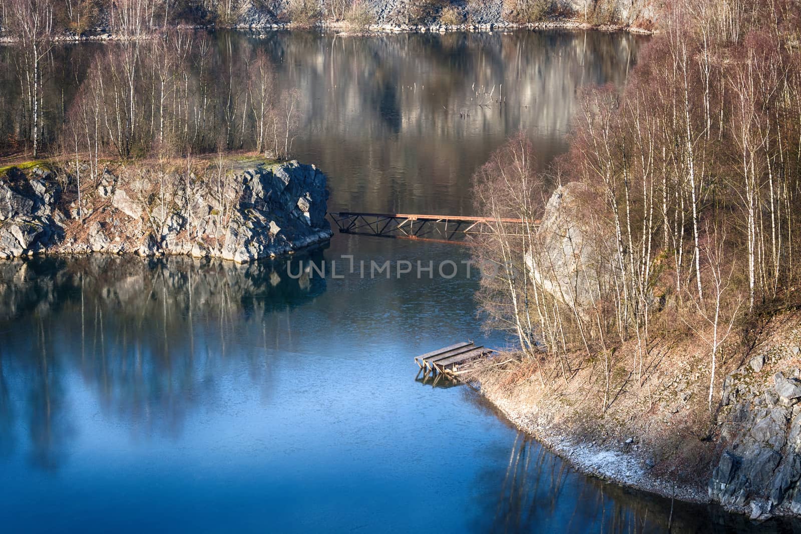 Panoramic view of an old open opencast mine of limestone works in Wülfrath, Germany on a winter day.
