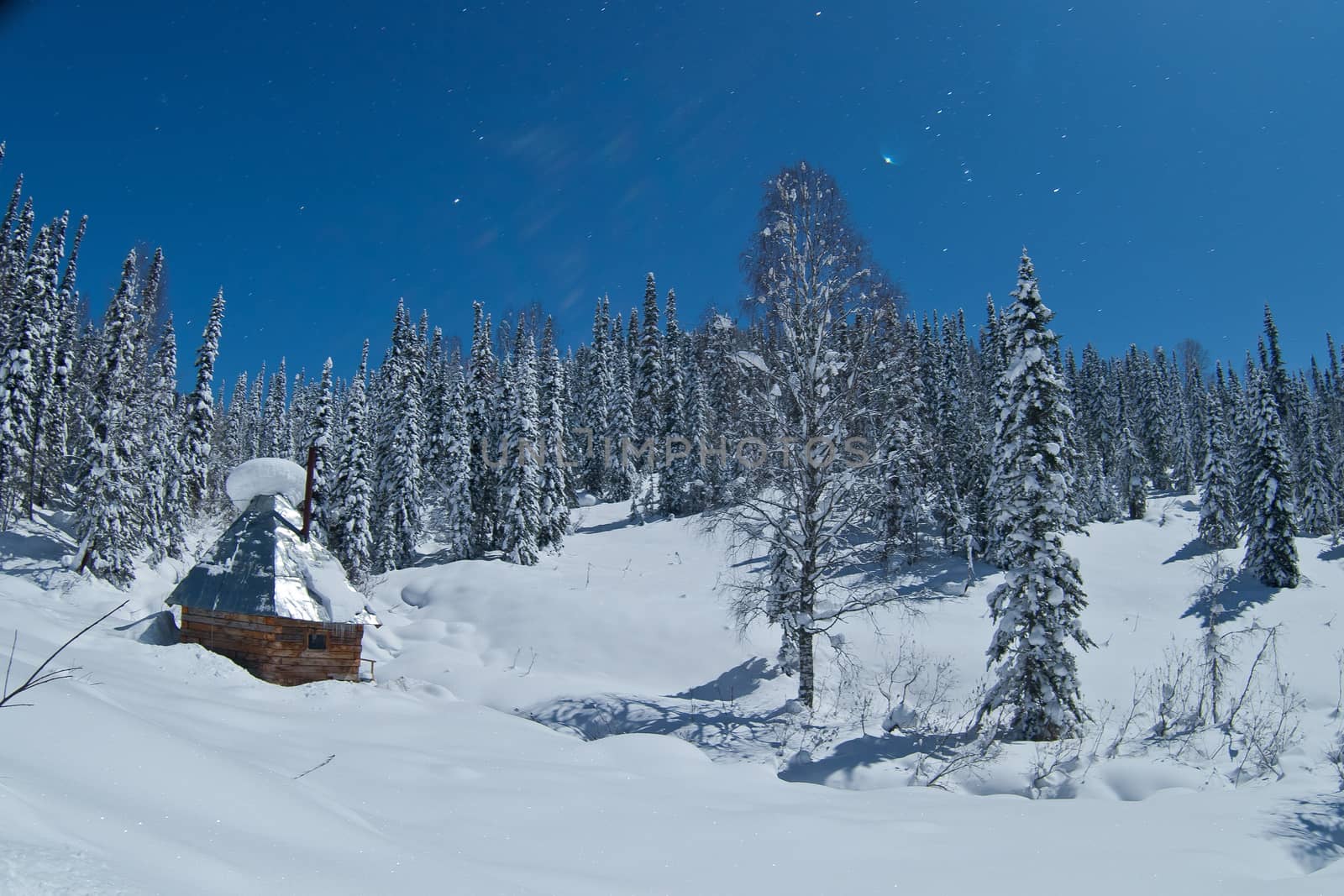 Small house in winter forest by Chudakov