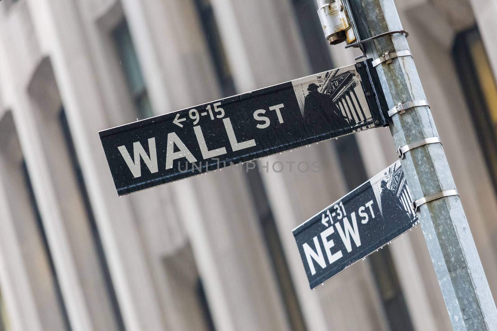 Wall street sign on street of New York City, USA.