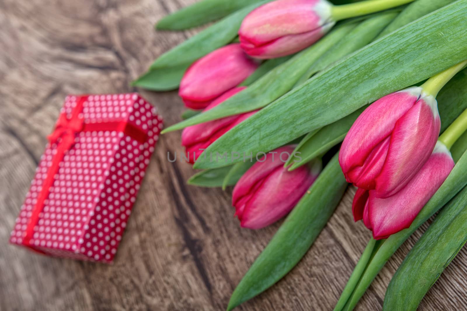 Red tulips and red gift on a wooden background