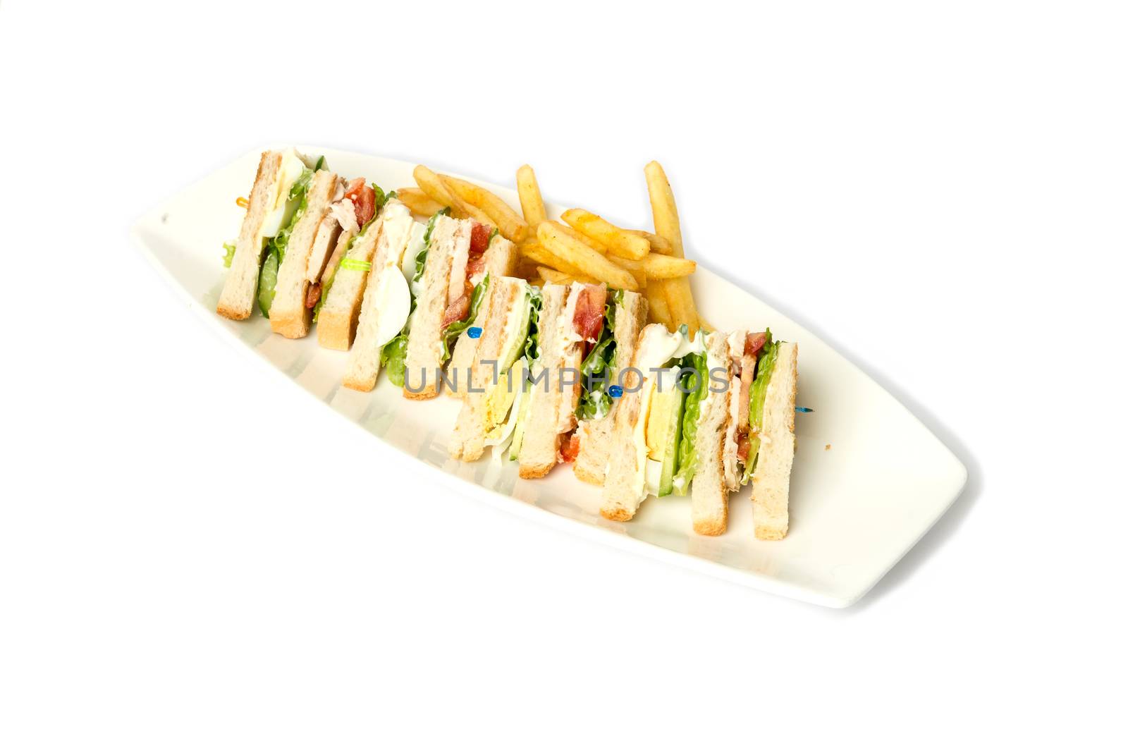 Club Sandwich with Cheese, Pickled Cucumber, Tomato and Smoked Meat. Garnished with French Fries