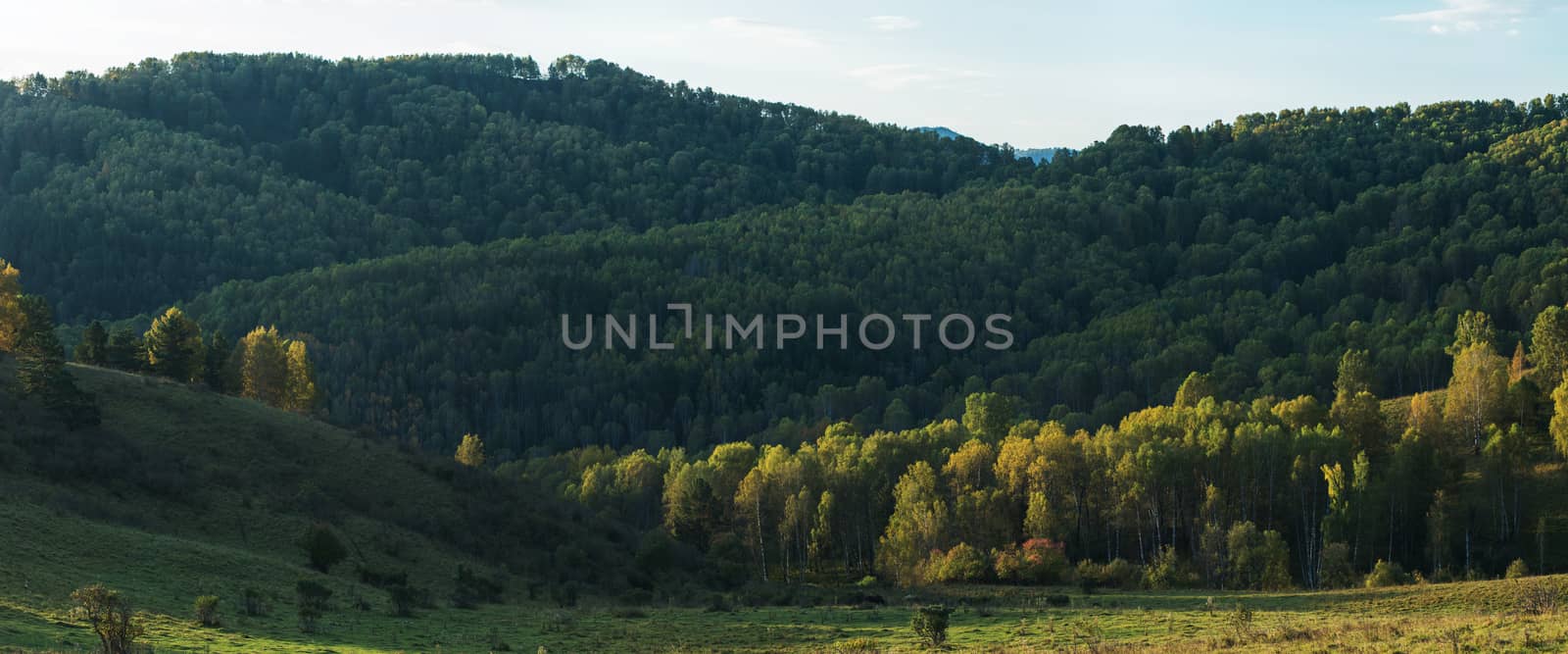 Beauty dawn in the mountains in Altay, panoramic picture