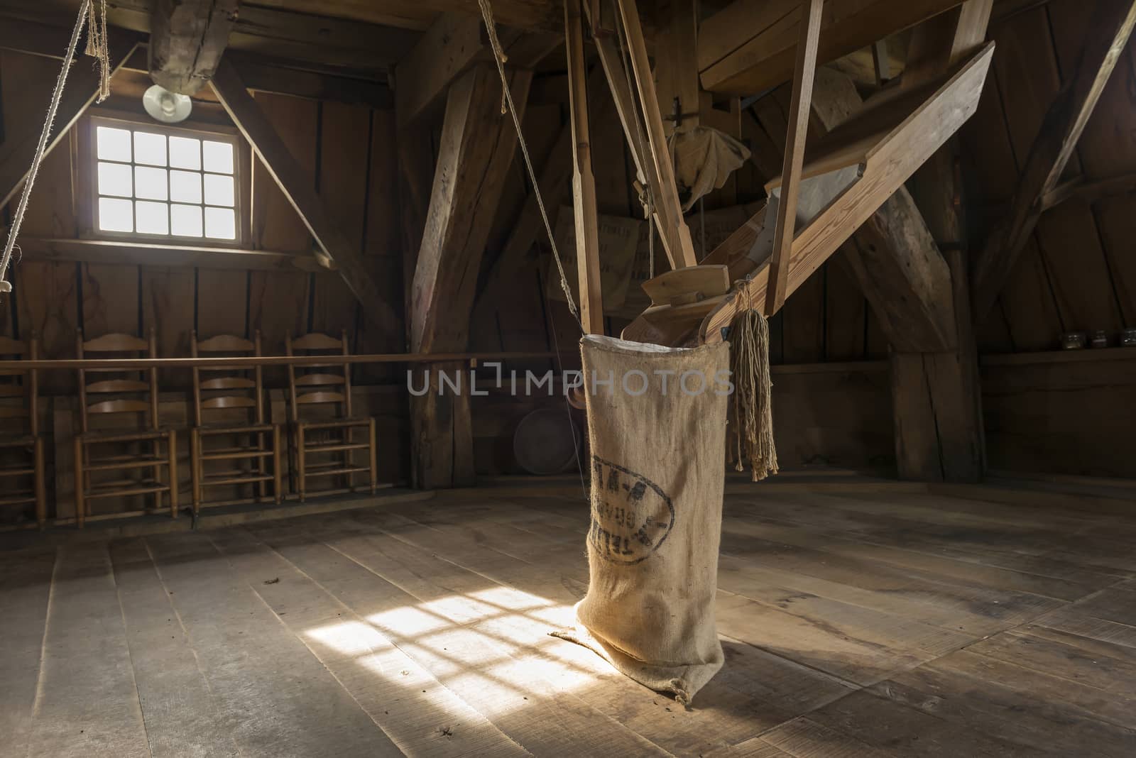 Wooden interior of the historic corn mill Bataaf in Winterswijk in the Netherlands
