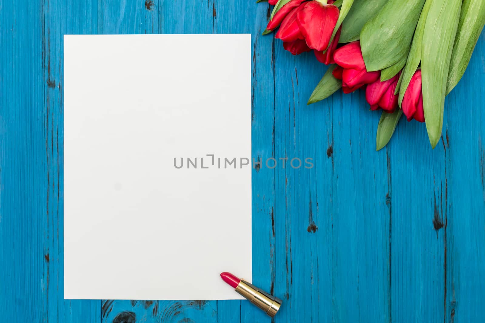 red tulips, lipstick and a white sheet of paper for your greetings on the background of blue wooden board