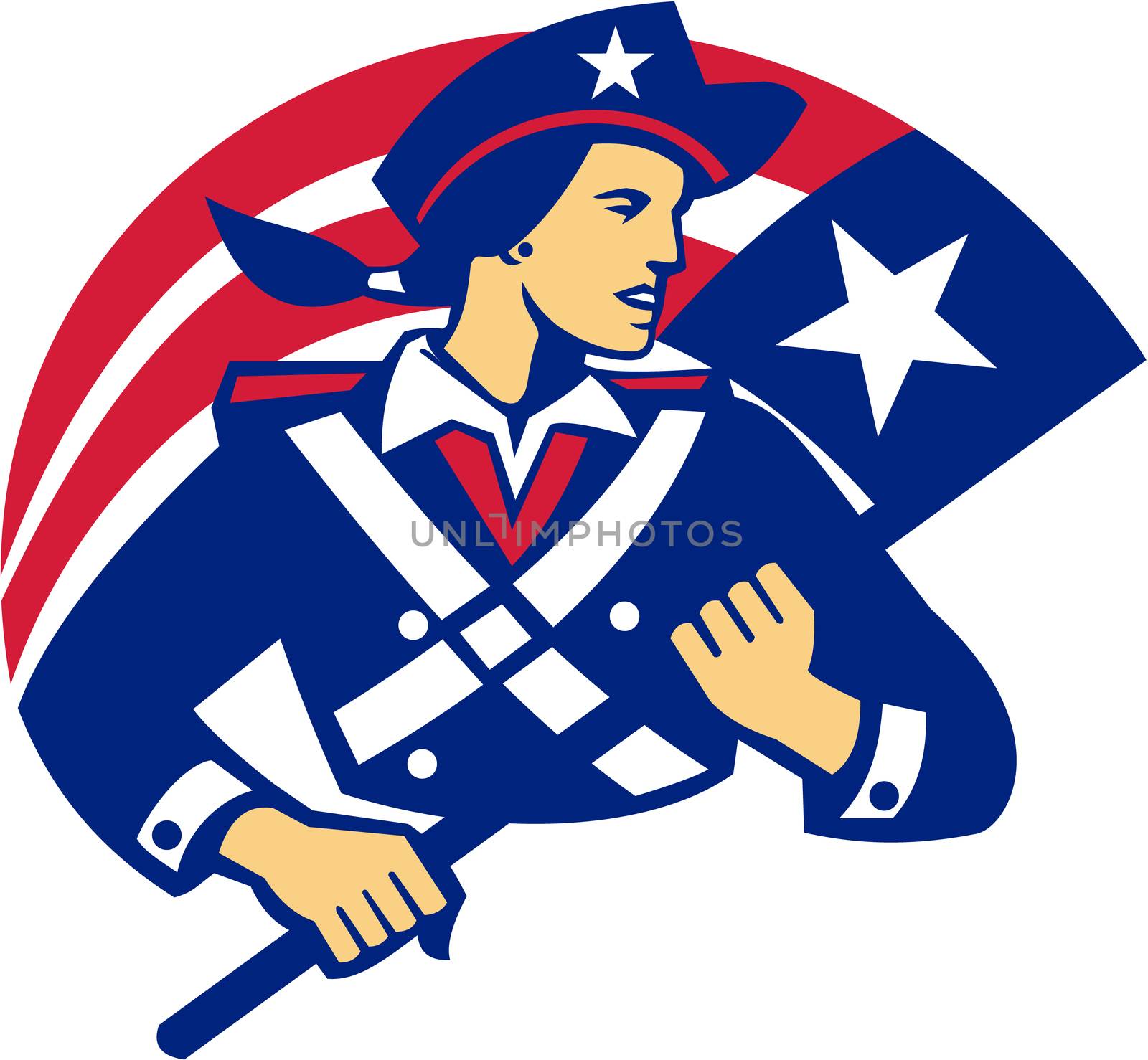 Illustration of a female american patriot minuteman looking to the side holding flag viewed from front set on isolated white background done in retro style. 