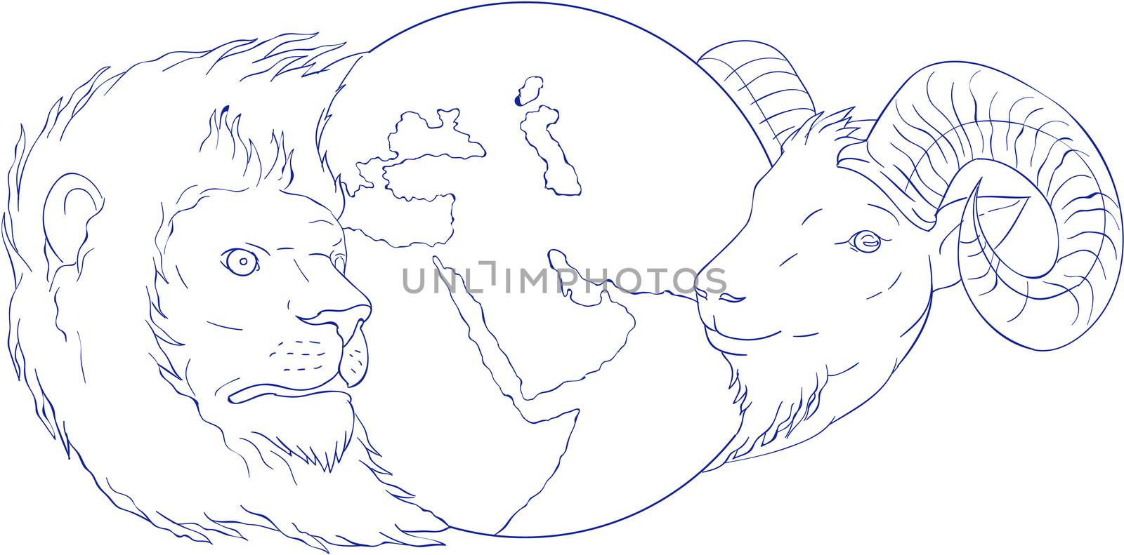 Drawing sketch style illustration of a lion and a ram head with globe showing middle east in the middle set on isolated white background. 