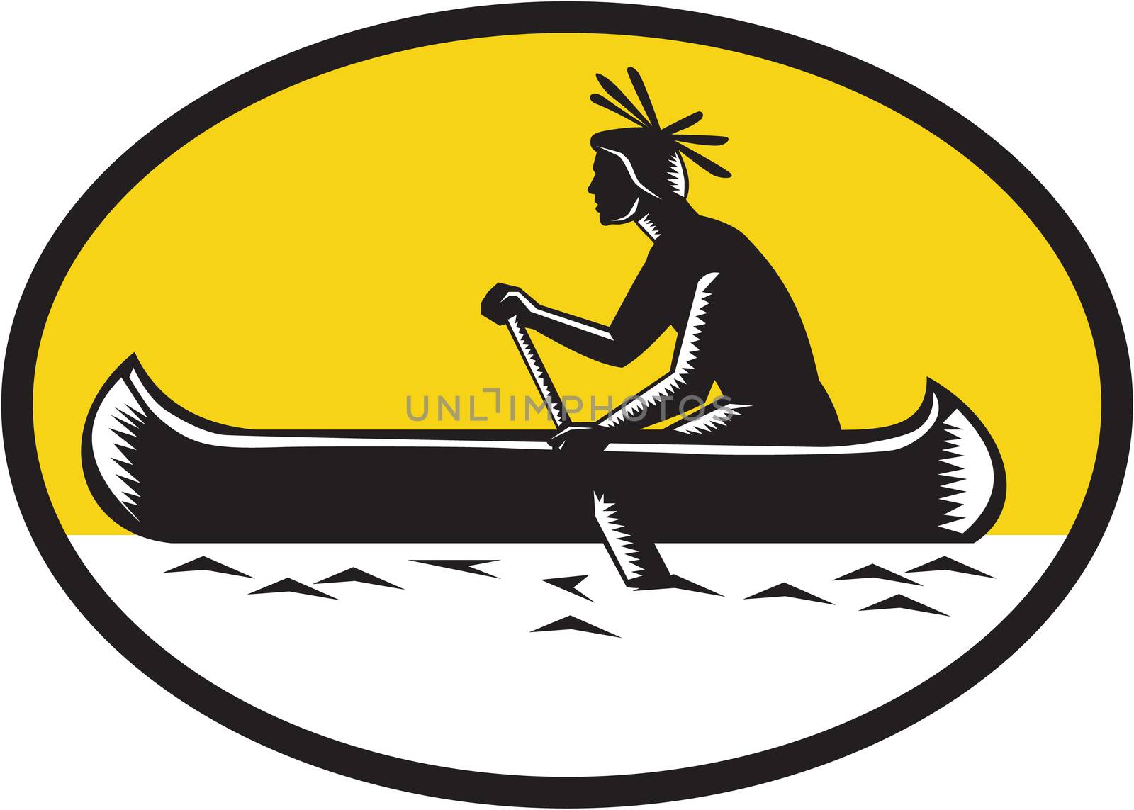 Illustration of a native american indian paddling a canoe viewed from the side set inside oval shape done in retro woodcut style. 