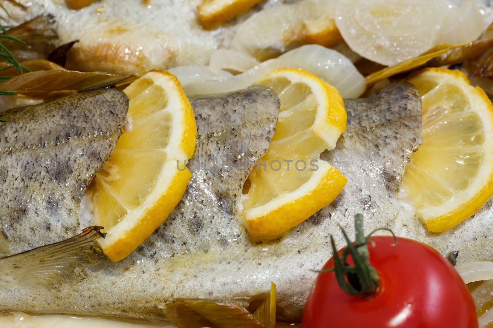 freshly cooked trout of white plastic, close-up