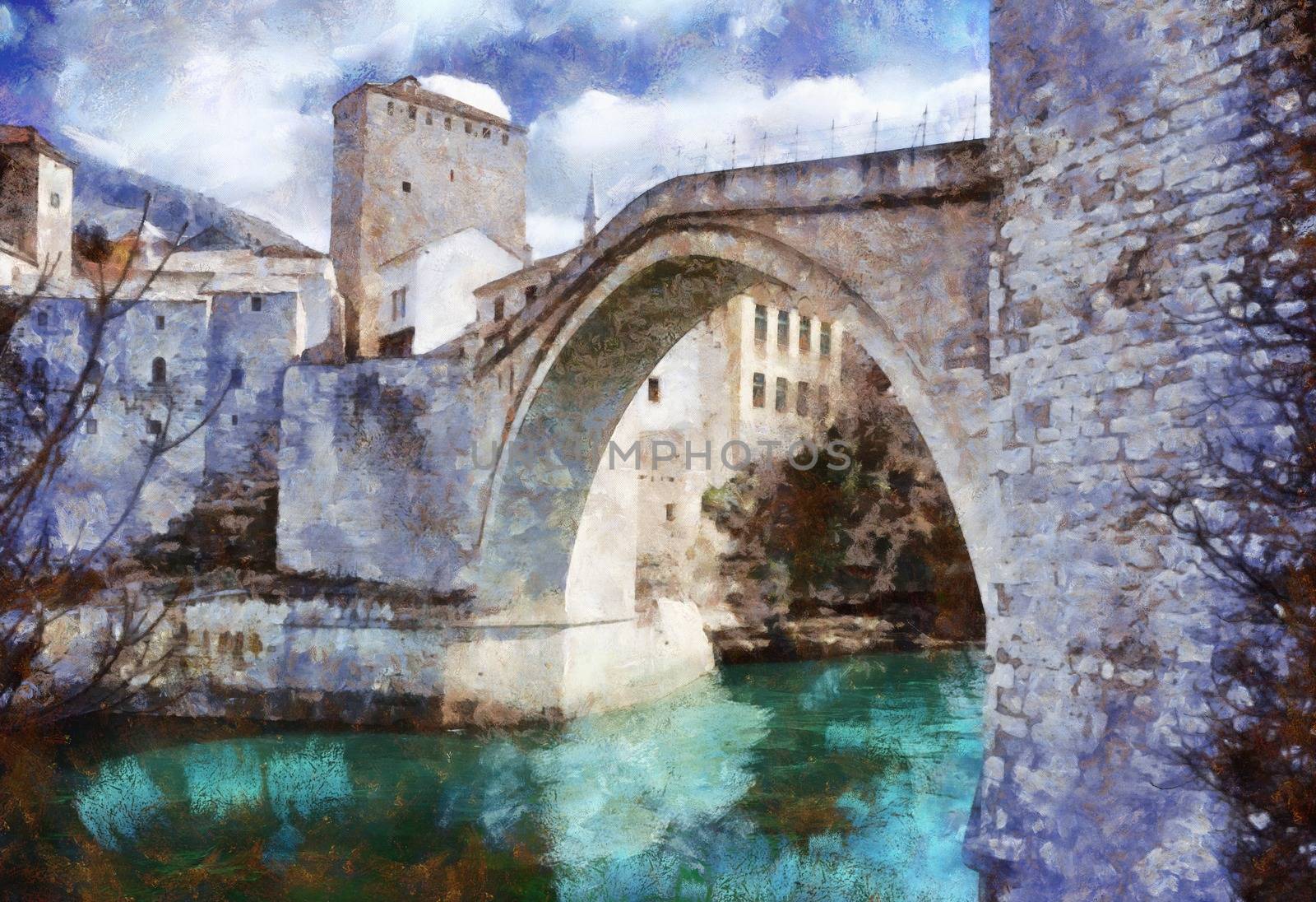 Digital Painting, oil on canvas, of Stari Most (Old Bridge), almost 500 years old monument in the city of Mostar in Bosnia and Herzegovina, and it's protected by Unesco. It crosses Neretva river.