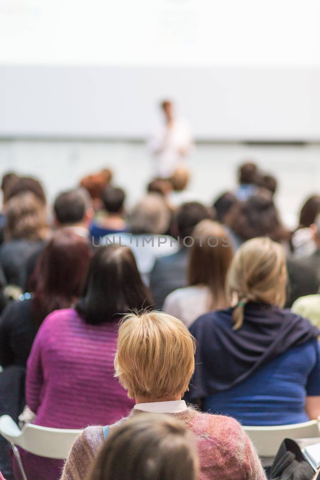 Business and entrepreneurship symposium. Speaker giving a talk at business meeting. Audience in the conference hall. Rear view of unrecognized participant in audience.