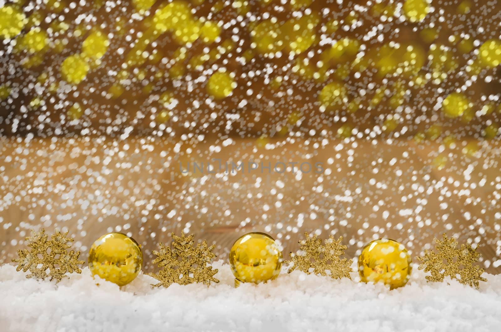 Christmas Decoration With Snow Over Wooden Background