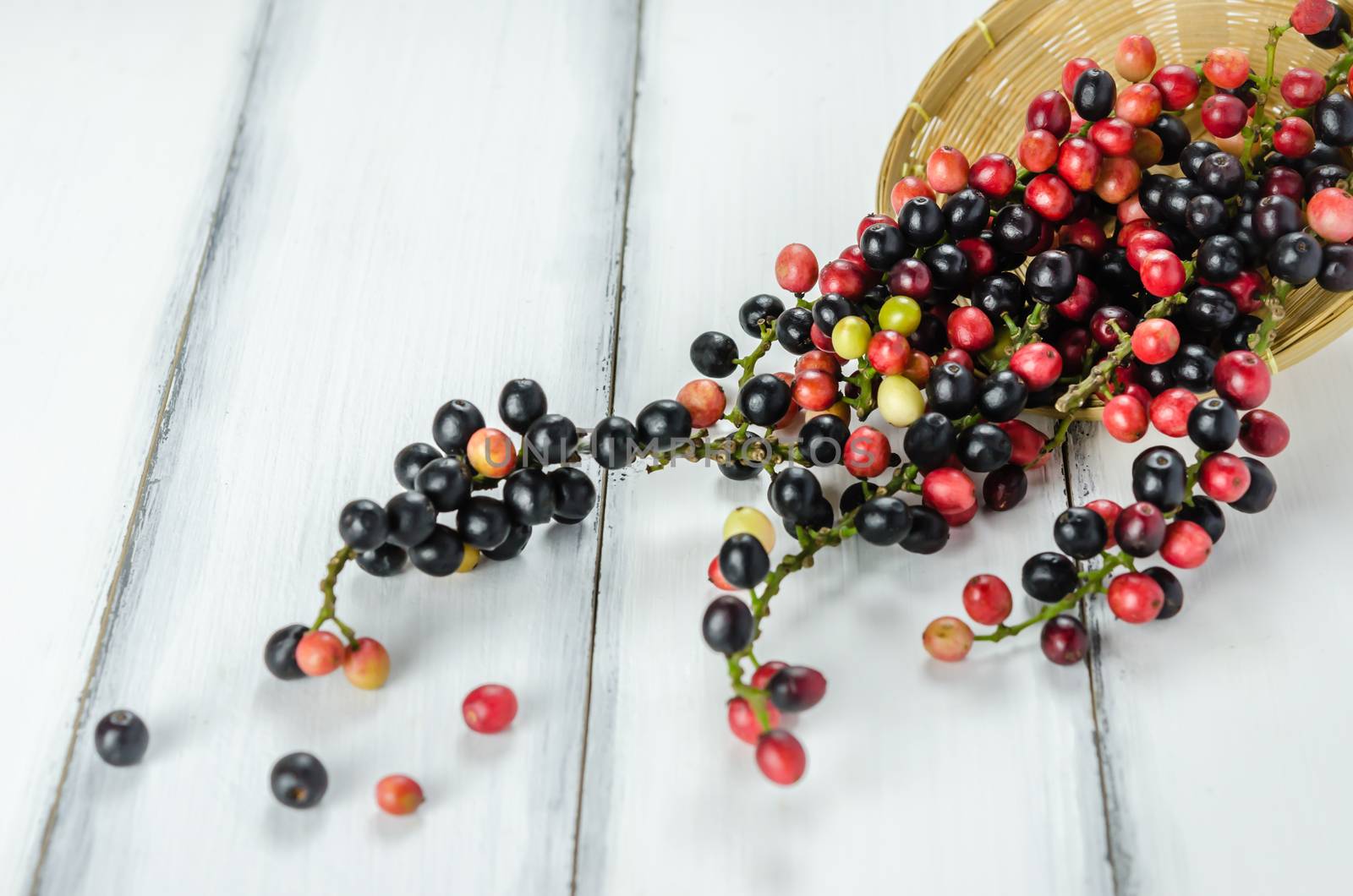 Thai Blueberry in bamboo basket over wooden background , still life