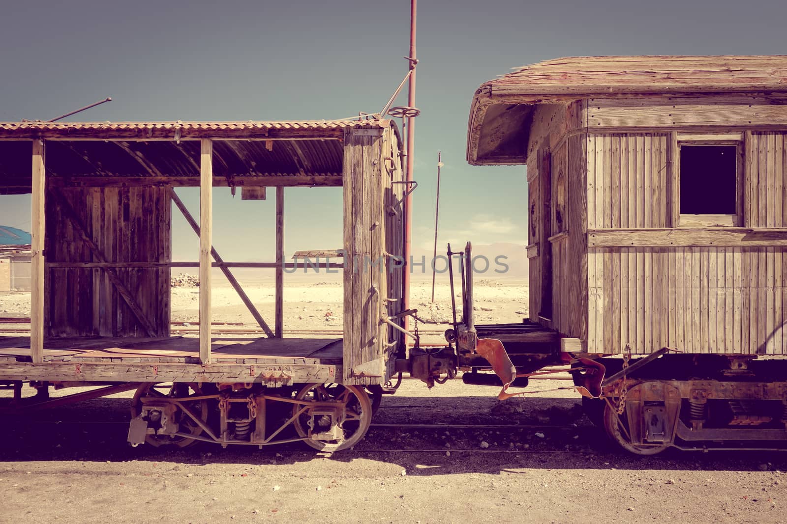 Old train station in Bolivian desert, south america