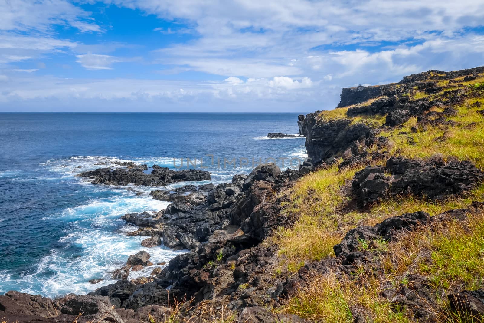 Easter island cliffs and pacific ocean landscape, Chile