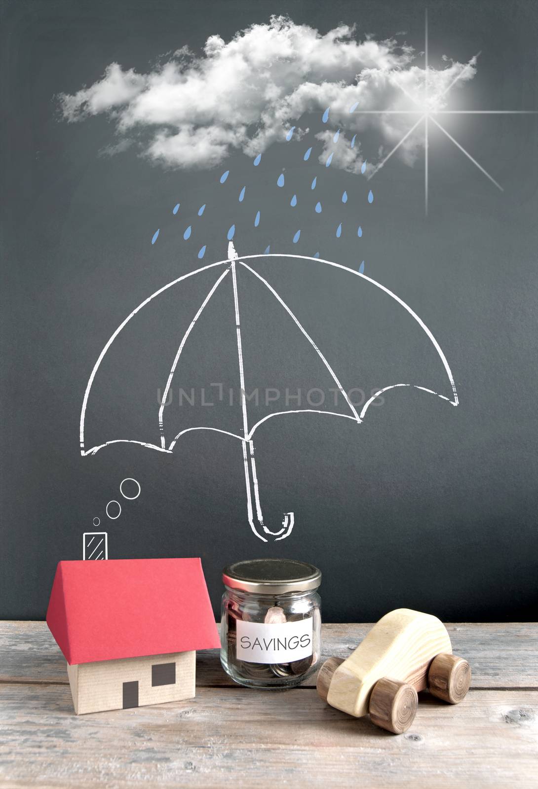 Umbrella sketch on a chalkboard protecting a house, car and money