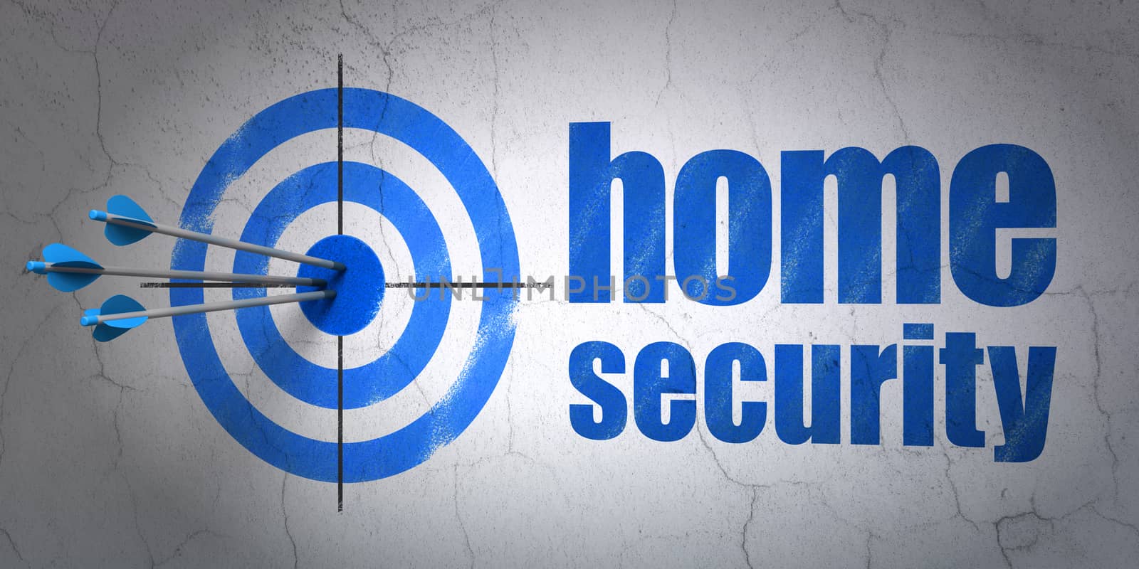 Success security concept: arrows hitting the center of target, Blue Home Security on wall background, 3D rendering