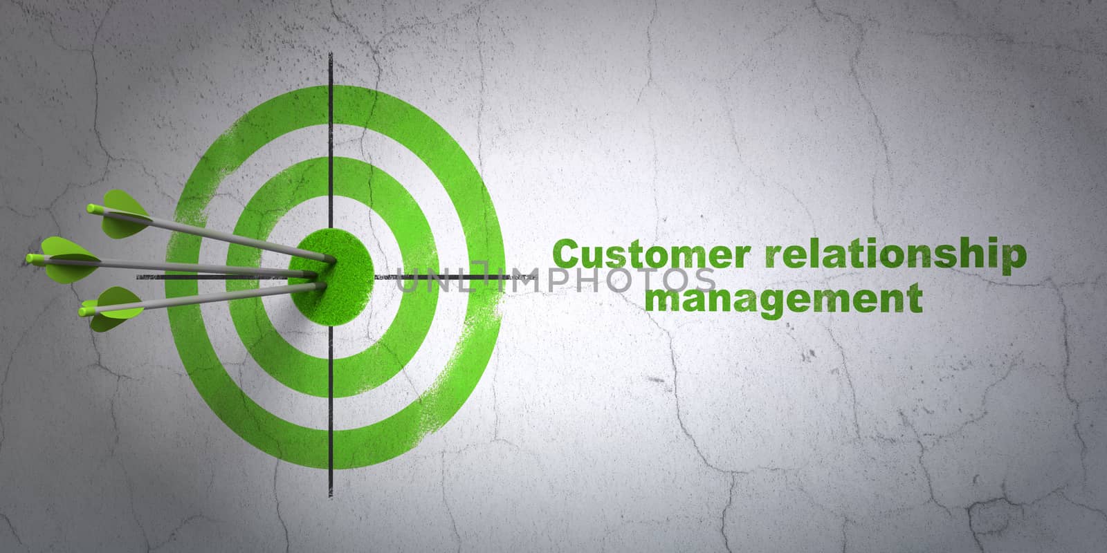 Success marketing concept: arrows hitting the center of target, Green Customer Relationship Management on wall background, 3D rendering