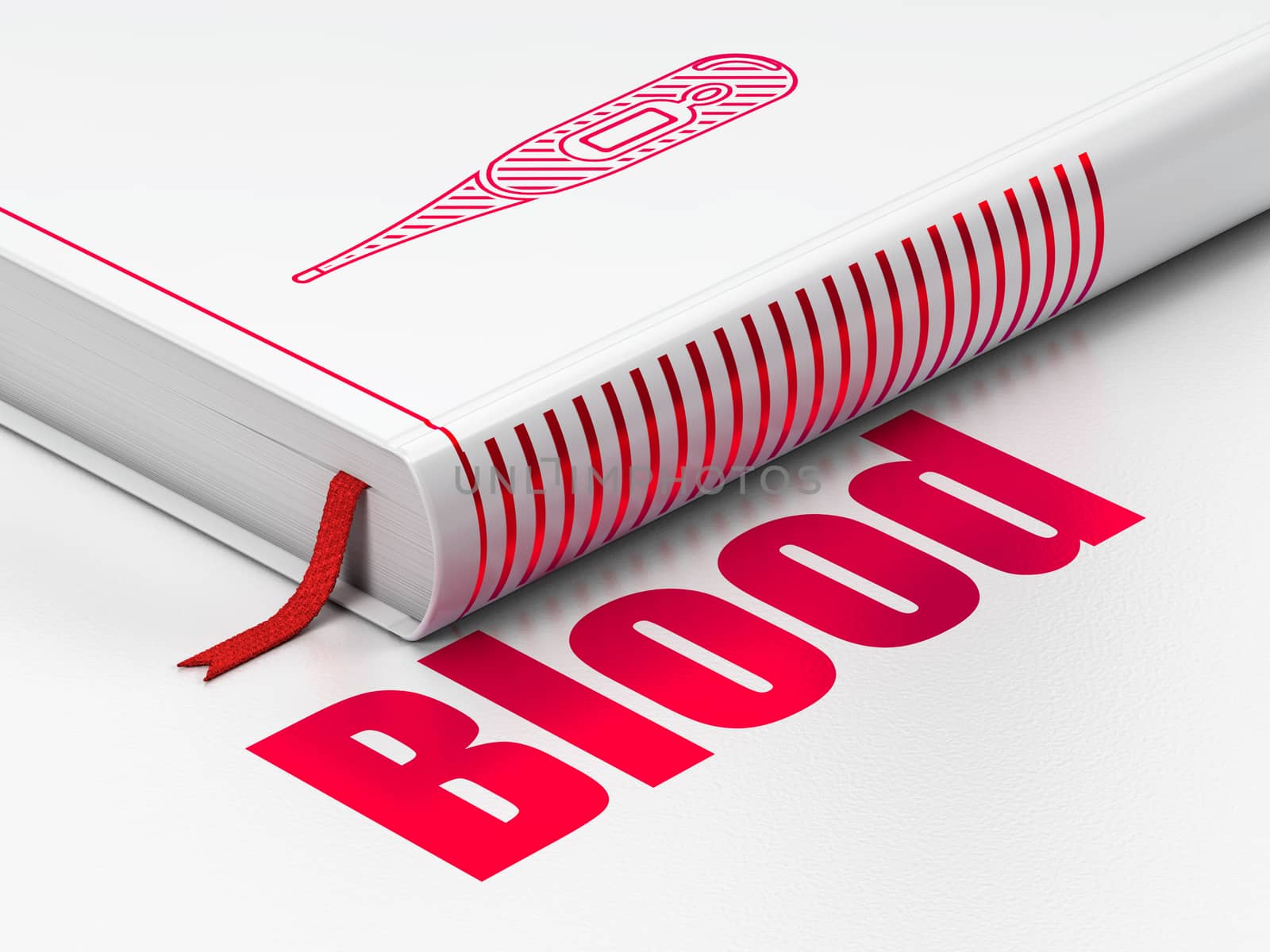 Health concept: closed book with Red Thermometer icon and text Blood on floor, white background, 3D rendering