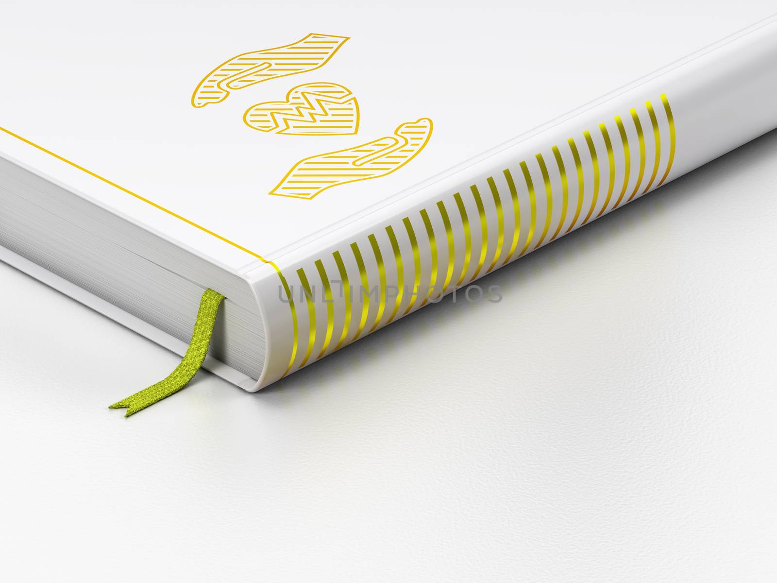 Insurance concept: closed book with Gold Heart And Palm icon on floor, white background, 3D rendering