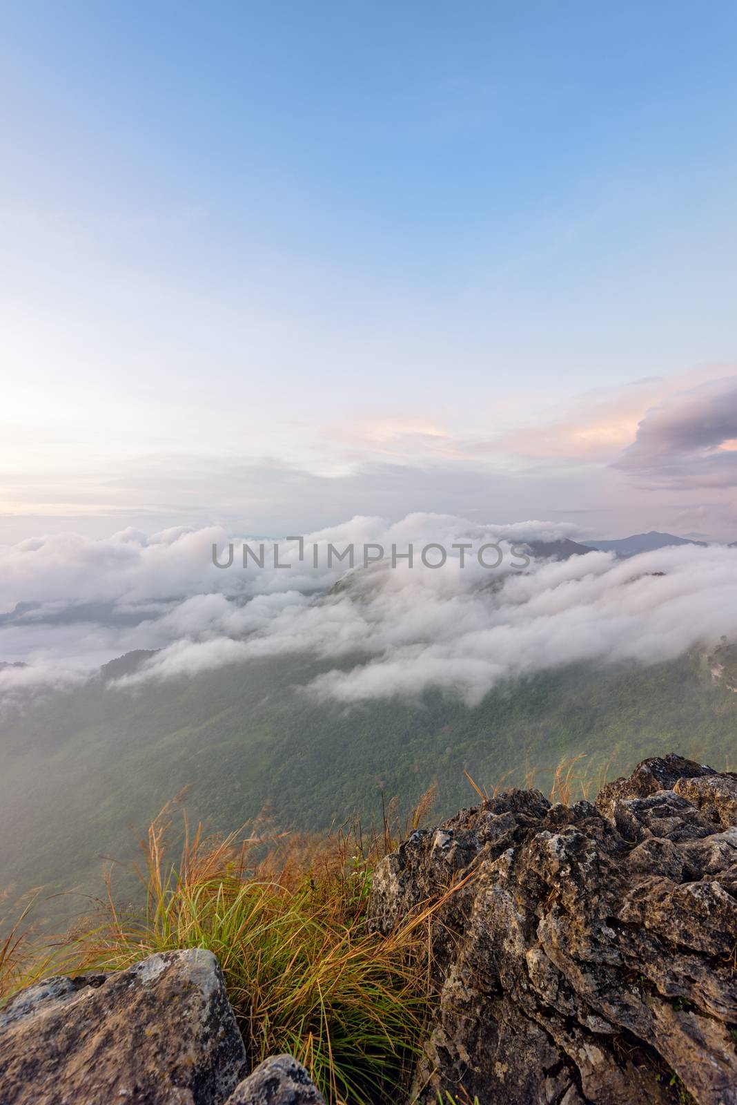 Beautiful landscape nature during sunrise on peak mountain with cloud fog and bright colors of sky in winter at Phu Chi Fa Forest Park is a famous tourist attraction of Chiang Rai Province, Thailand