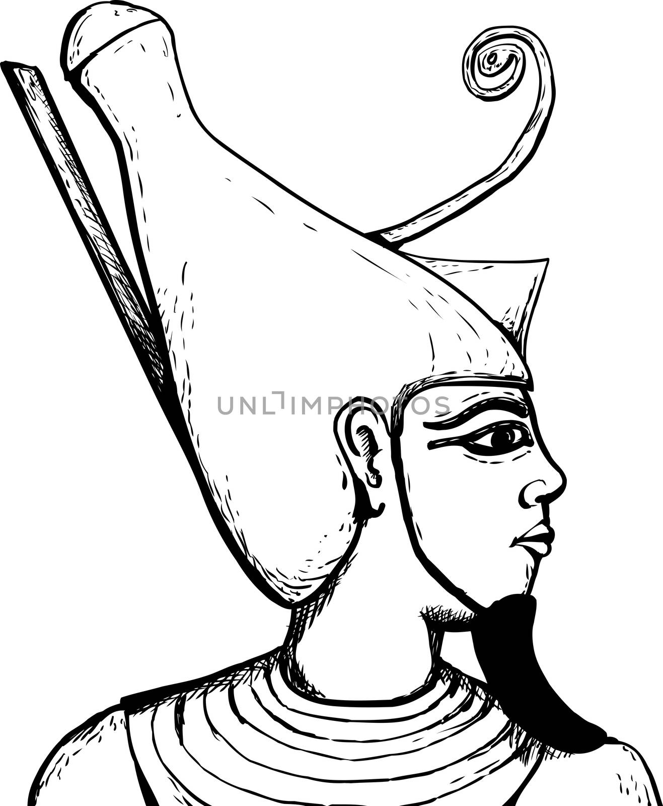 Outlined side view of ancient Egyptian god Atum over white