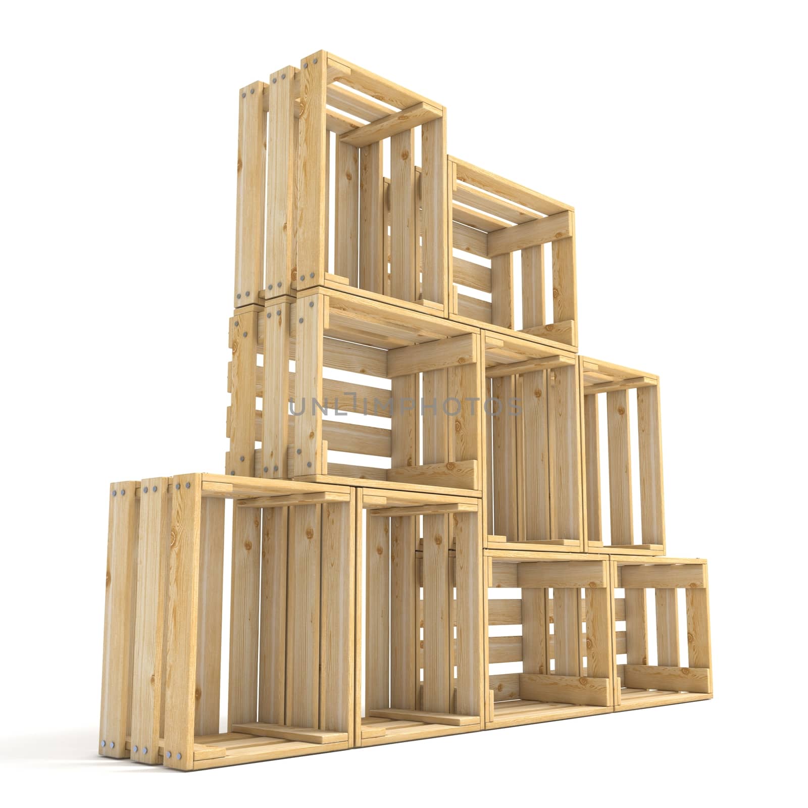 Empty wooden crates arranged Side view 3D render illustration isolated on white background