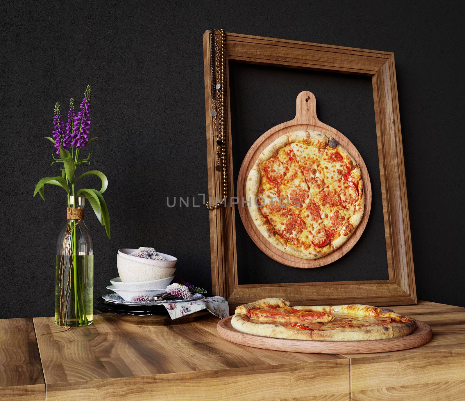 Hot pizza slice with melting cheese with frame concept close up photo by denisgo