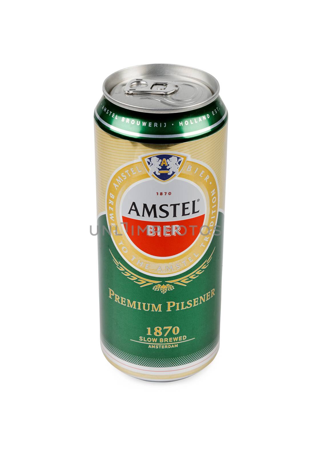 PULA, CROATIA - OCTOBER 3, 2016: Amstel Premium Pilsener is an internationally known brand of beer produced by Heineken International in Zoeterwoude, Netherlands.