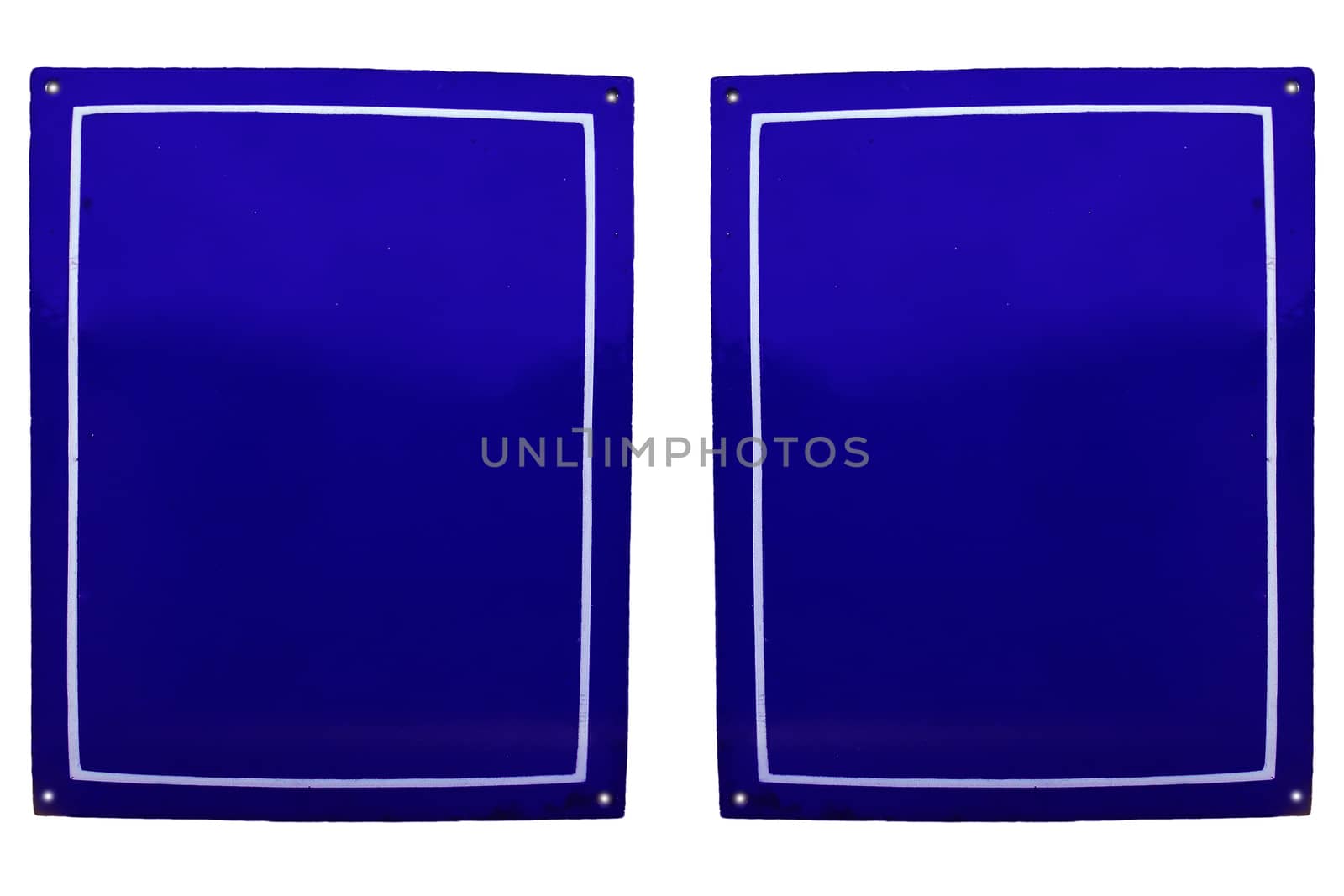 Two old rusty metal plate enamels without lettering on white background.